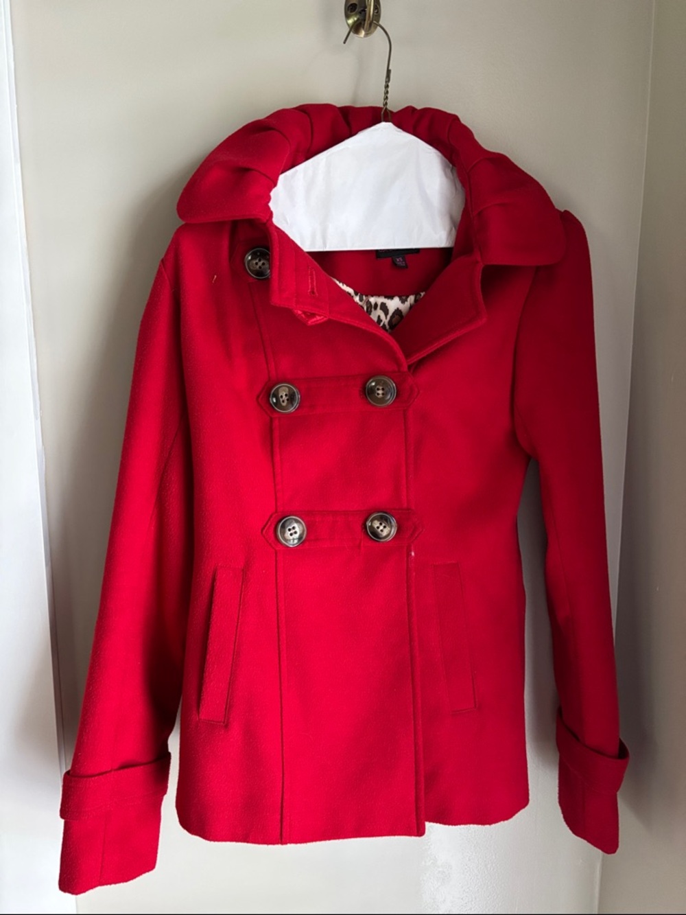 Women's Bright Red Double-Breasted Peacoat with Fold-Over Collar